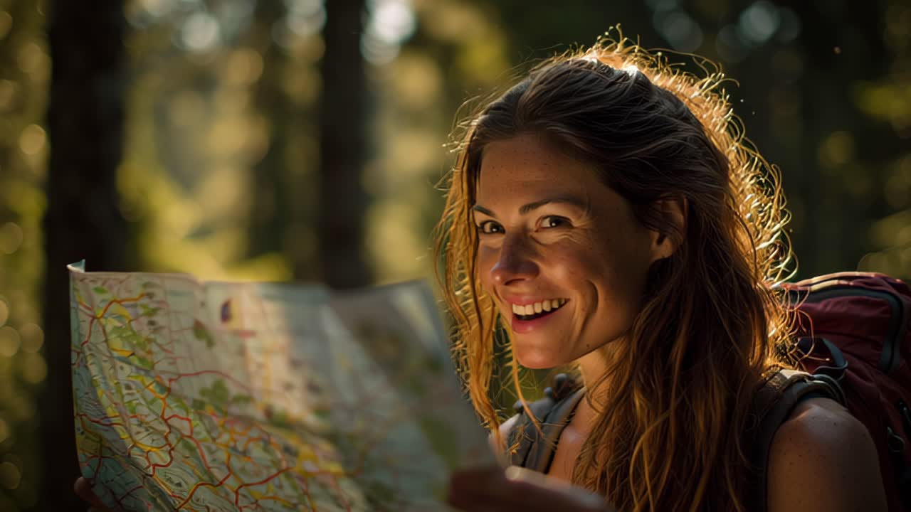 Nærbillede af en ung kvindelig backpacker, der holder og læser et papirkort i en solbeskinnet skov under den gyldne time, rejse-navigationskoncept, udendørs eventyr.