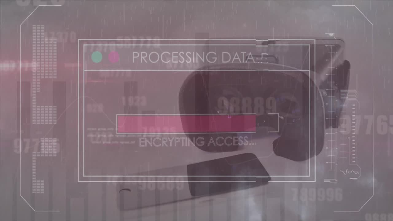 animación de la interfaz con procesamiento de datos contra el teléfono inteligente y auriculares vr en el escritorio de la oficina