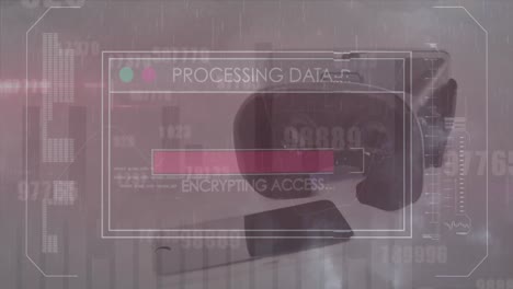 animación de la interfaz con procesamiento de datos contra el teléfono inteligente y auriculares vr en el escritorio de la oficina