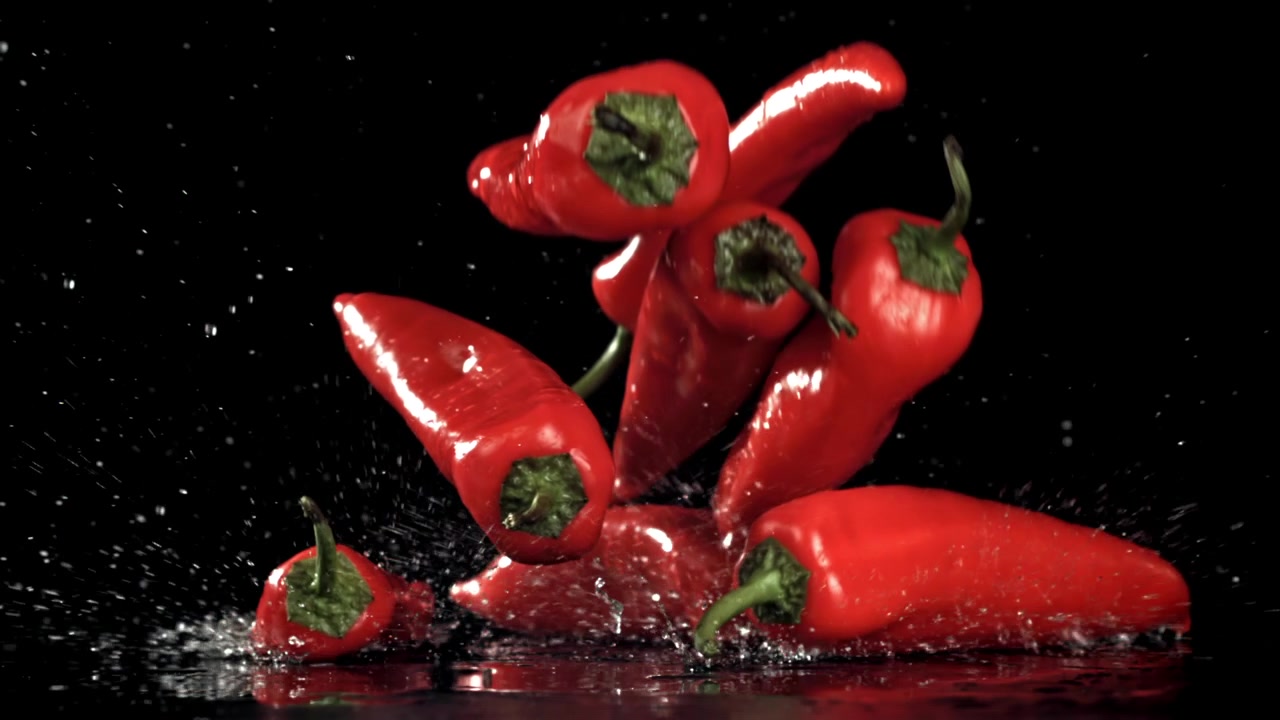 Super zpomalený záběr padajících a cákajících červených chilli papriček