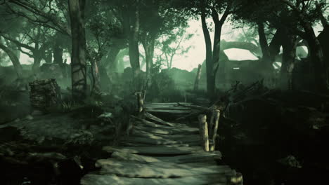 un camino místico del bosque conduce a estructuras antiguas en ruinas.