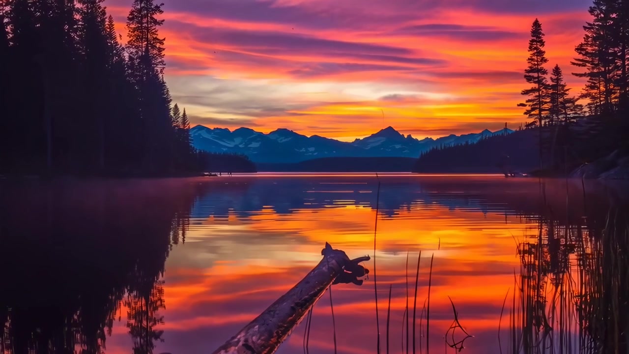 Vibrant Sunset Reflection on a Serene Mountain Lake