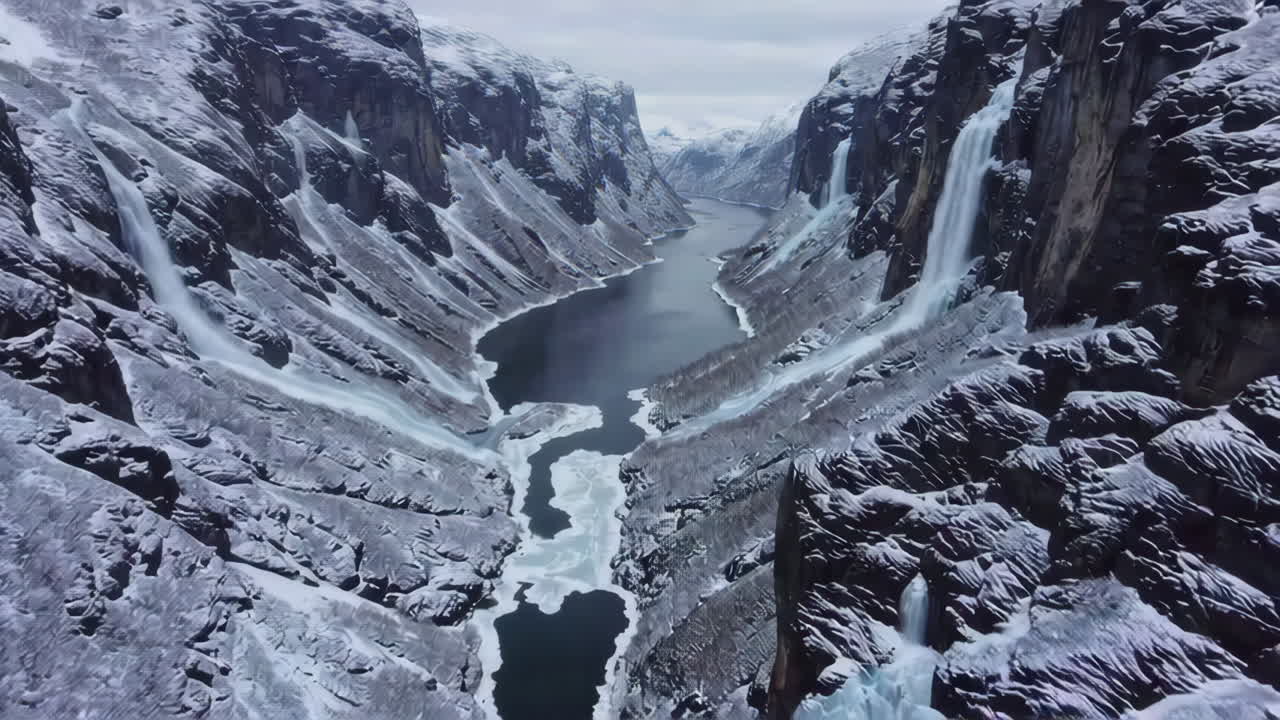 Norges vinterfjorde med frosne vandfald