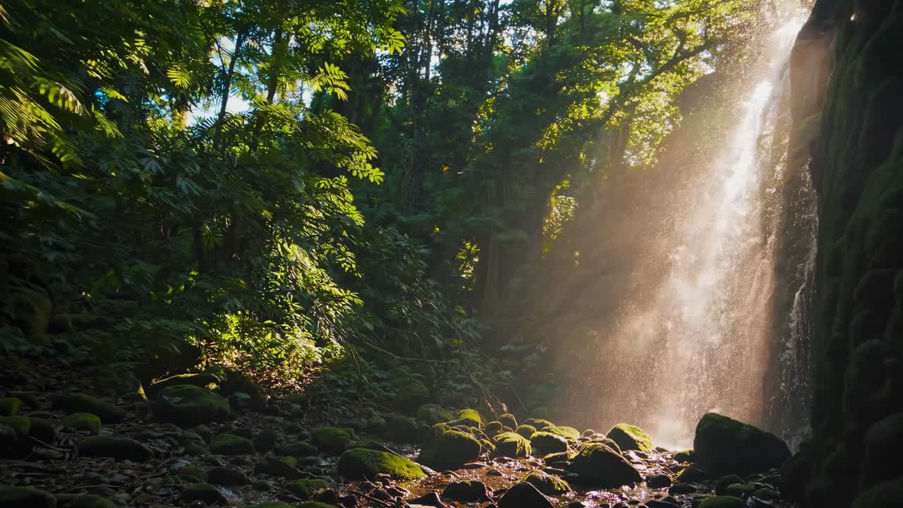 La luce del sole illumina una maestosa cascata in una rigogliosa foresta tropicale