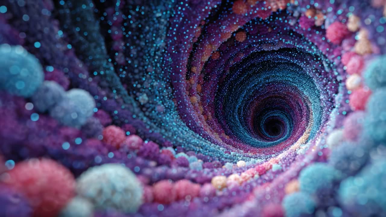 A Mesmerizing Journey Through a Vibrant Swirling Vortex of Colorful Particles and Textures, Capturing the Essence of Depth and Movement in a Digital Realm