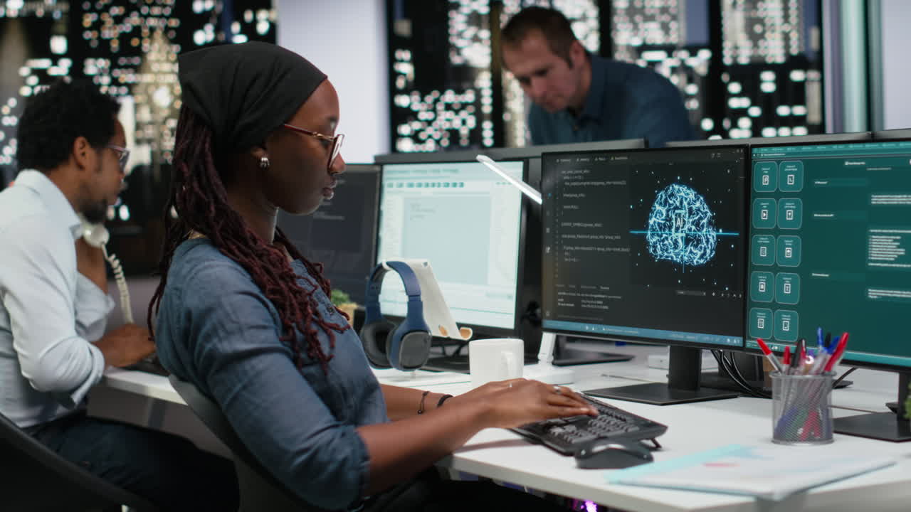 African American Woman Programmer Working on Multiple Computer Screens in Office