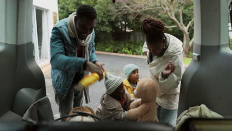 car, happy family and packing for road trip