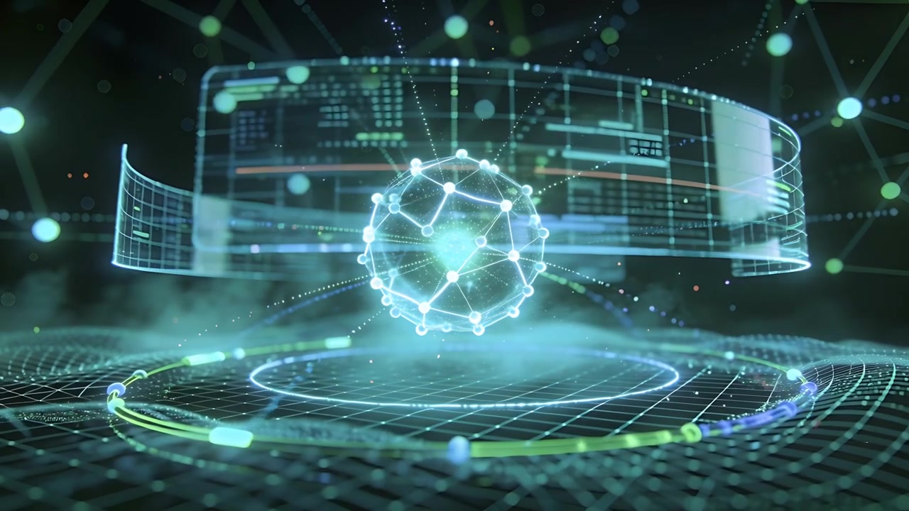 Pulsing central sphere sending light trails upon curved UI panels forming above grid, showing data