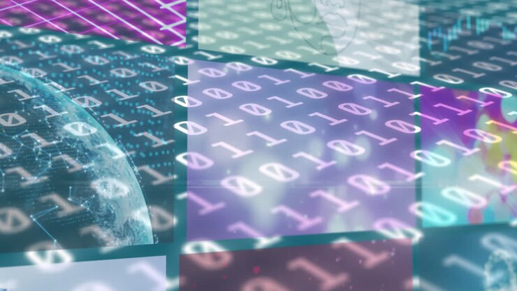 Animation of binary coding and data processing on screens
