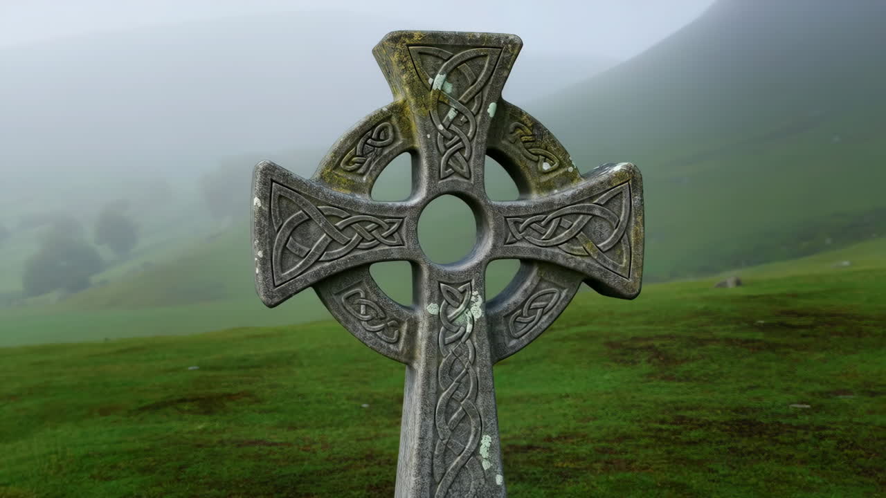 Celtic Cross in a Misty Green Landscape