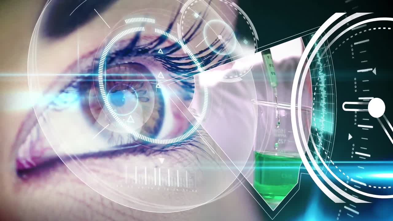 animación de escaneo de alcance y reloj sobre el ojo de la mujer caucásica