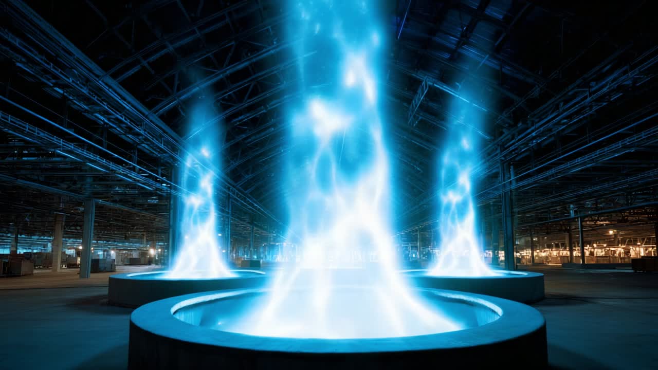 A mesmerizing display of luminous blue energy streams erupting from circular bases in an expansive industrial setting, creating an atmosphere of wonder and innovation during a captivating visual event