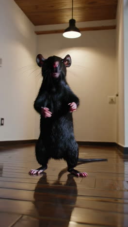 black rat standing on a wooden floor