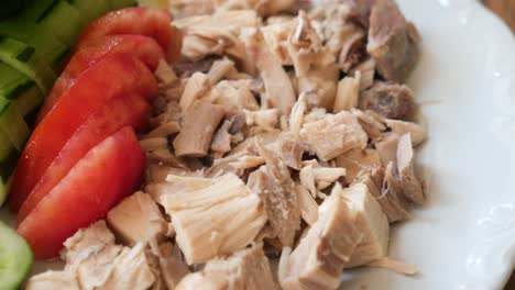 a plate of sliced chicken, tomatoes, and cucumber