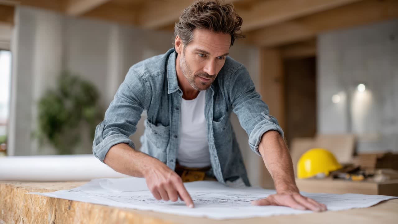 Man reviewing blueprints for a construction project