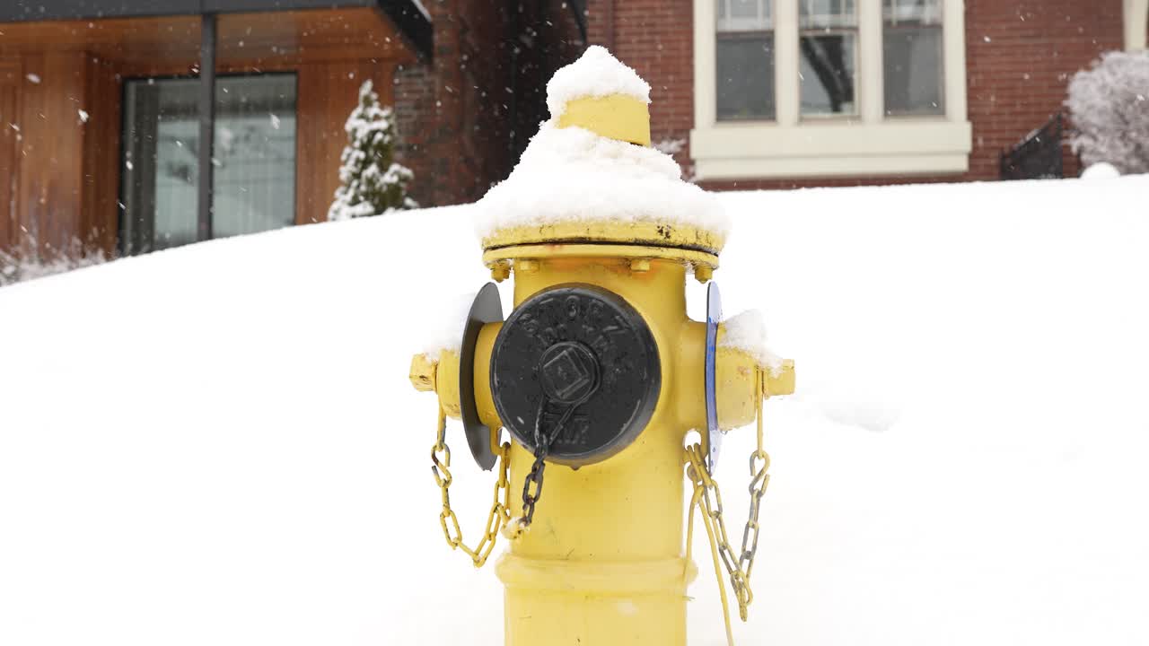 Primo piano di un idrante antincendio di Toronto all'esterno con splendidi fiocchi di neve che cadono sullo sfondo