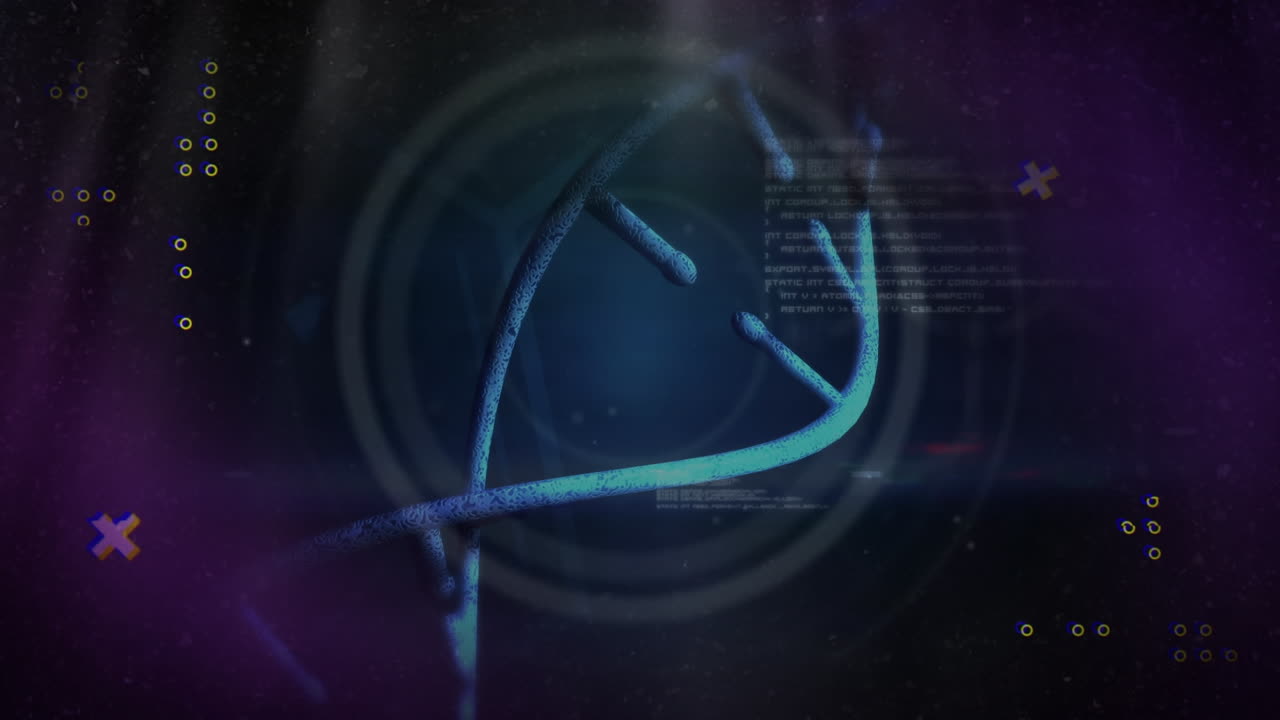 animación de la cadena de adn y procesamiento de datos sobre un fondo negro