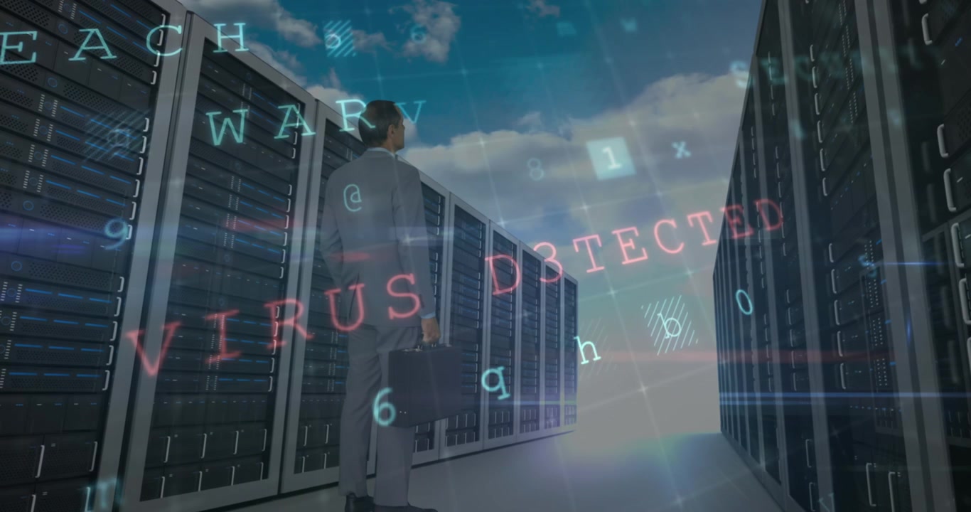 Businessman Standing in Server Room with Cybersecurity Warning Overlays