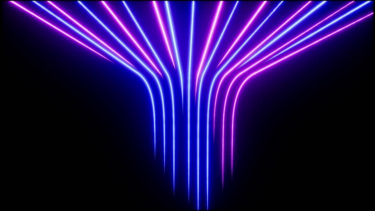 animación 3d, fondo negro abstracto con líneas de neón azul rosado bajan y desaparecen