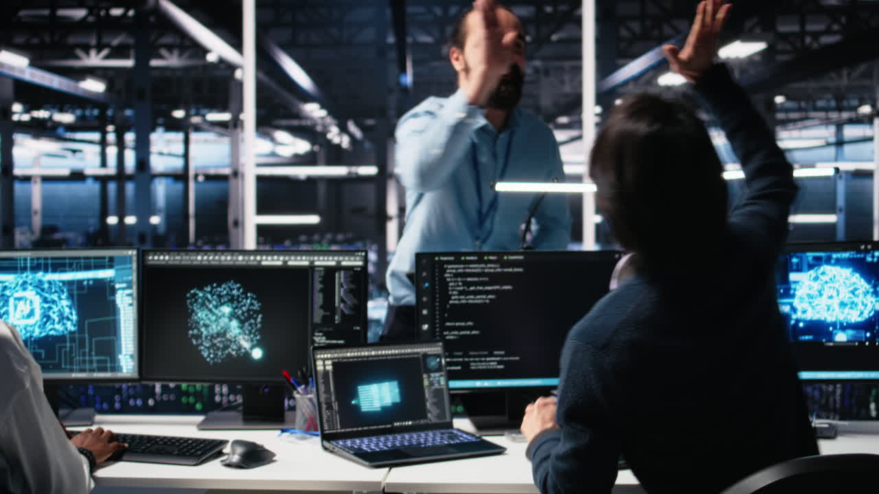 Delighted Team In Data Center Celebrating Finishing Neural Network Development