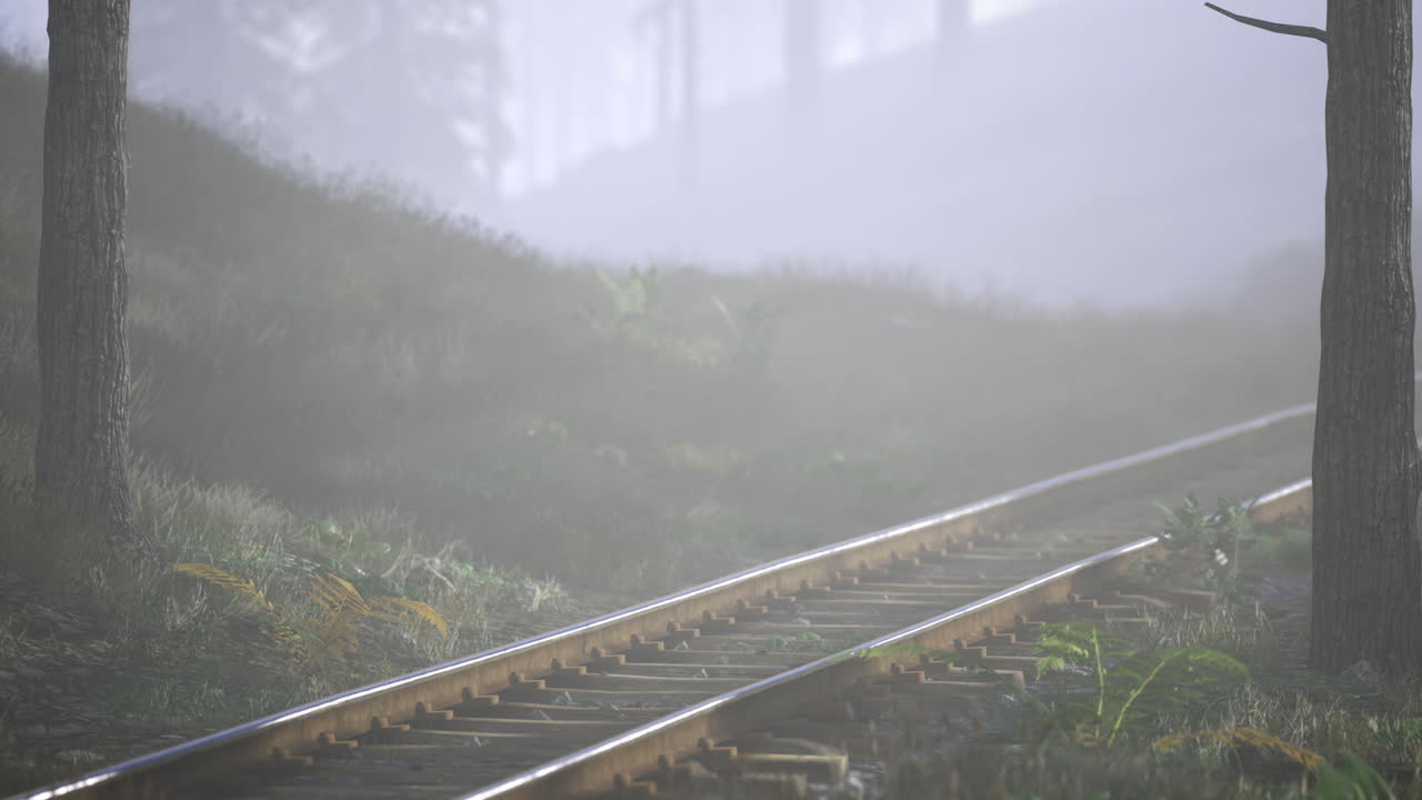 Train tracks disappearing into fog across a lush green landscape