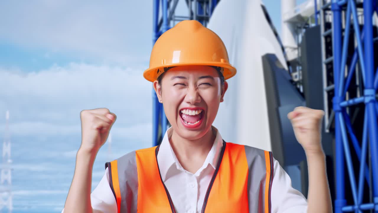 안전 헬을 착용한 아시아 여성 엔지니어가 우주왕복선에서 일하는 것을 축하하는 목표를 외치고 있습니다.