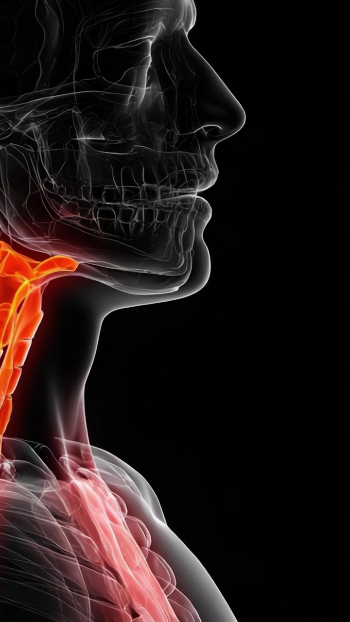 Visualizzazione Anatomica del Collo e del Cranio Umano: Evidenziando le Strutture Scheletriche e Muscolari con Enfasi sulla Regione Cervicale