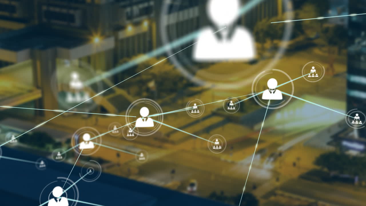 Network of connections and data processing animation over cityscape at night