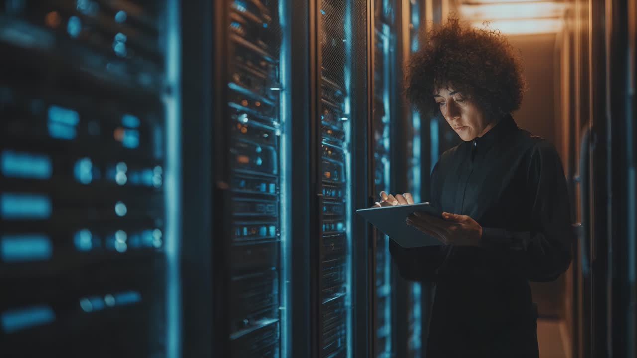 A focused professional examines data within a high-tech server room, showcasing the importance of technology and analytics in modern data management