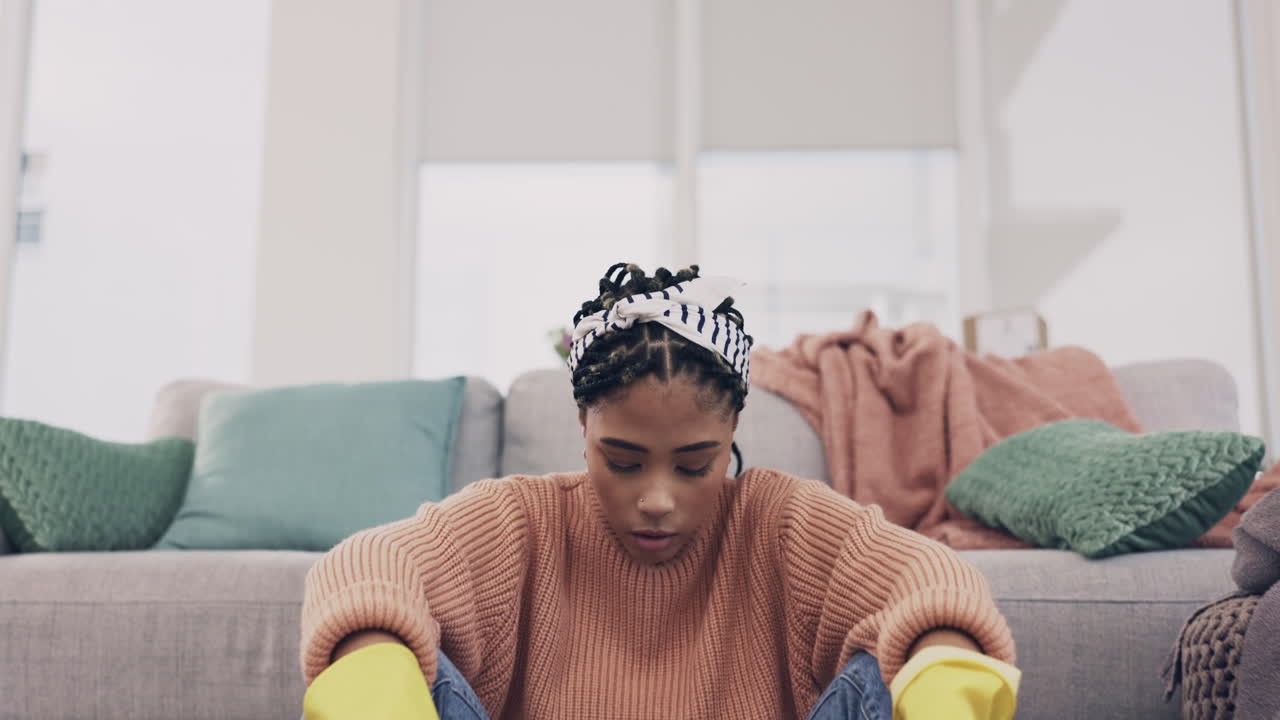 Housework, exhausted and woman cleaner