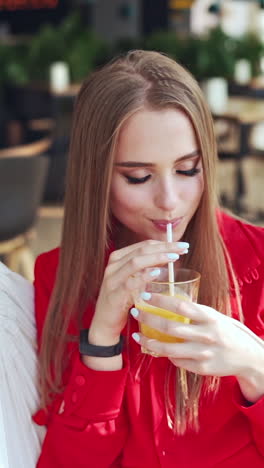 attractive lady in red dress in a cafe. young beautiful woman is drinking juice on a white swing. portrait of a pretty lady relaxing. slow motion vertical video