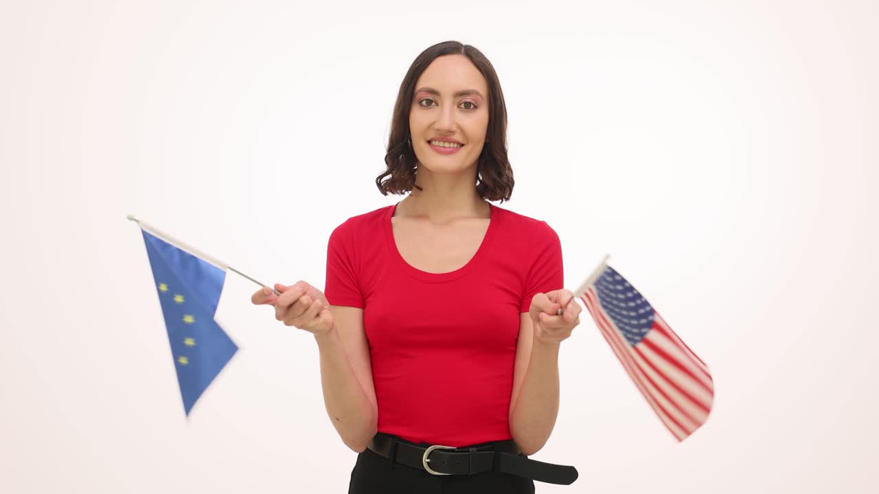 Woman Holding European Union and American Flags