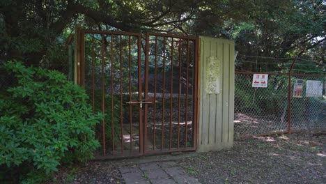 Puerta-Vieja-Oxidada-Y-Cerca-De-Alambre-De-Púas-En-Una-Ubicación-Aislada-Del-Bosque