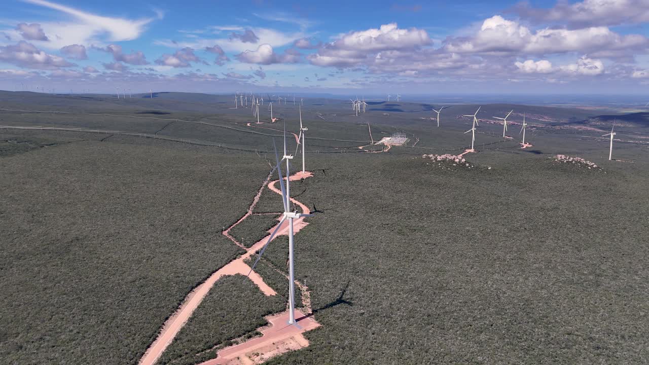 Drone video of wind turbines at the Morro do Chapéu Wind Farm, Brazil