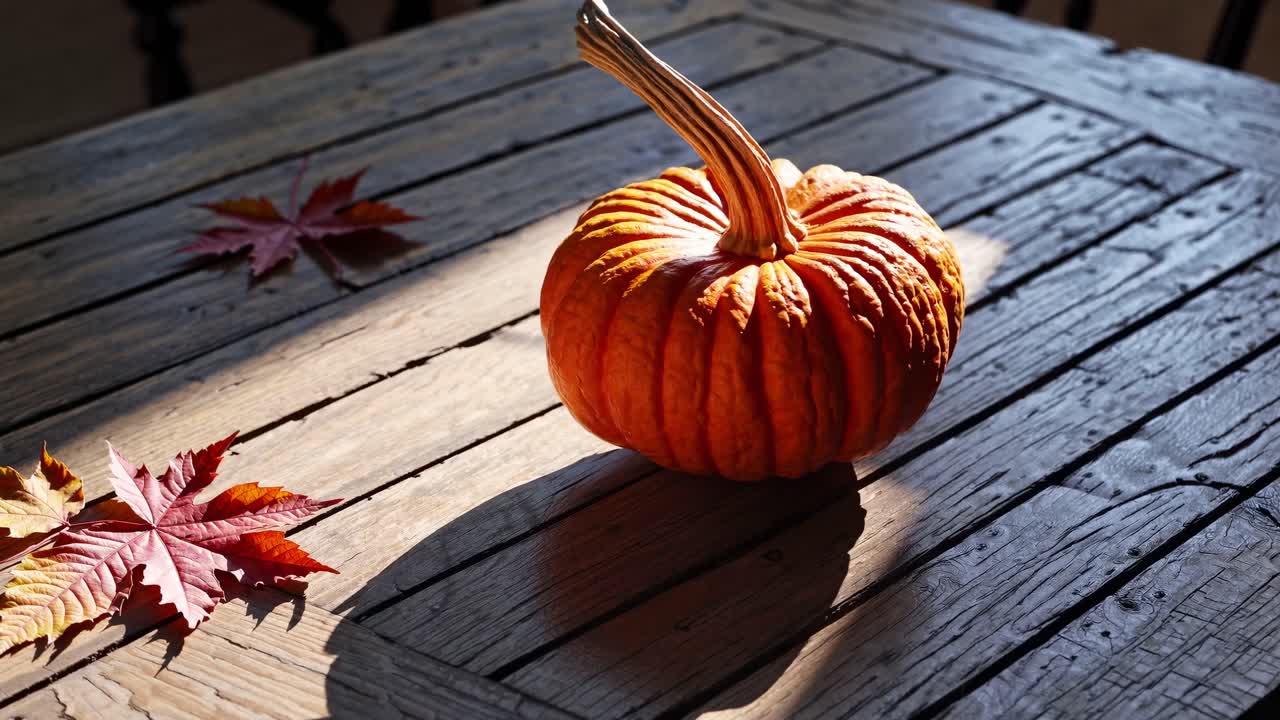 A rustic video scene with a low-angle shot of a pumpkin on a wooden table, accented by autumn leaves