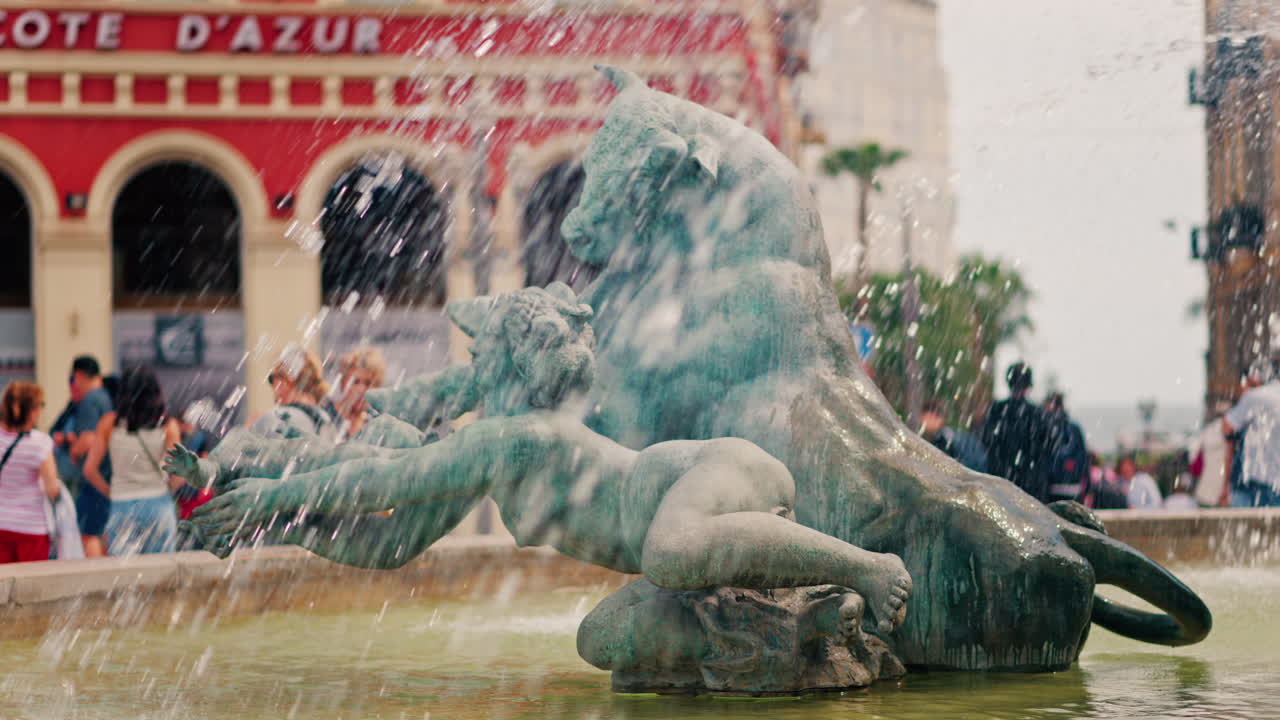 Nice, France - May 12, 2025: Close up of the Sun water fountain in the Massena Square in daylight