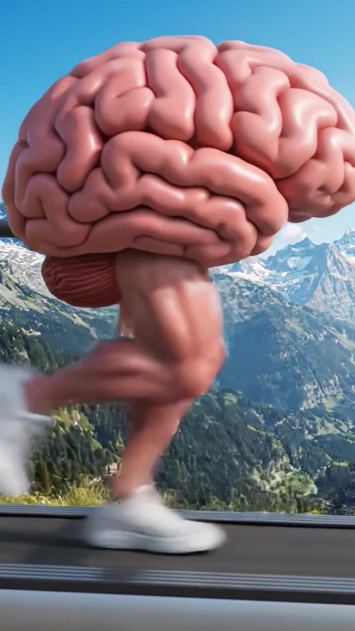 Una rappresentazione dinamica del potenziale umano: una visualizzazione creativa di un cervello che si allena su un tapis roulant in un paesaggio montano panoramico.