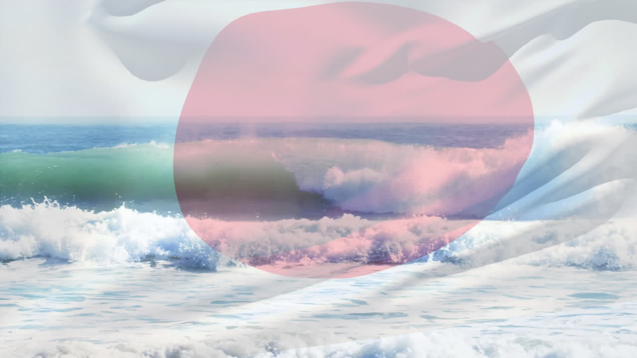 해변 해양 풍경 위에서 날아다니는 일본 국기의 애니메이션