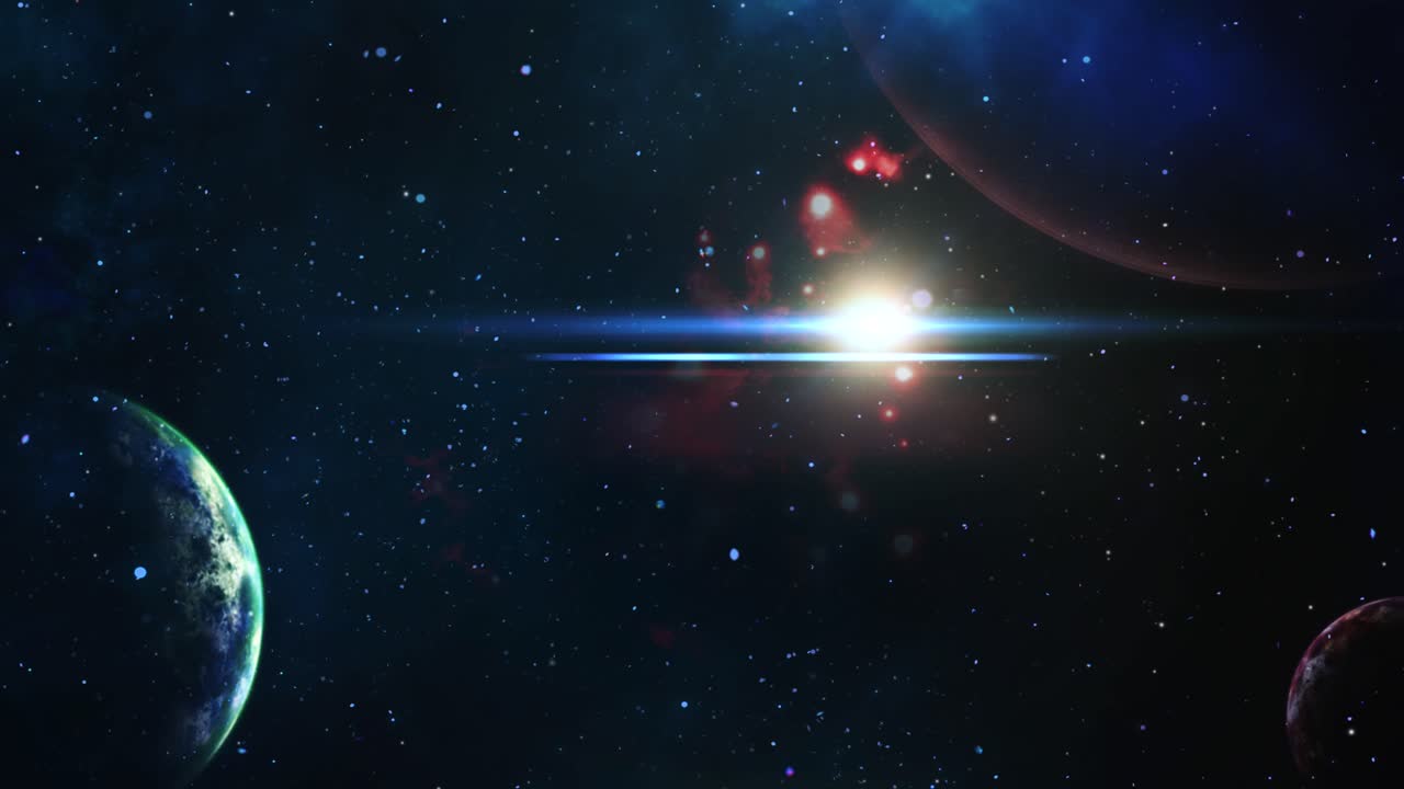宇宙の 3 つの惑星の前景に対する明るい星