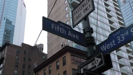 new york city street sign at the fifth avenue and the west 33rd, manhattan, new york