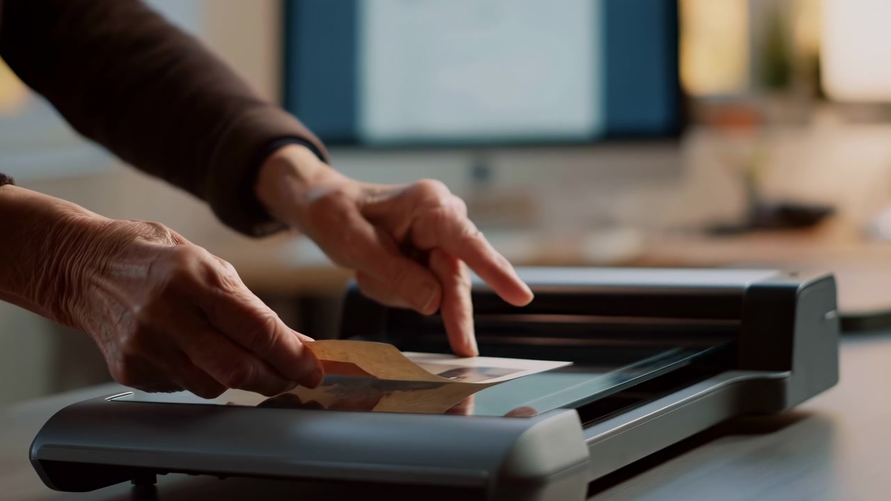 Mani adulte posizionano con cura una foto stampata su uno scanner piano su una scrivania all'interno di un ufficio tranquillo o di uno spazio di lavoro domestico, con luce interna calda, messa a fuoco superficiale, sfondo del monitor sfocato e un'atmosfera professionale e calma