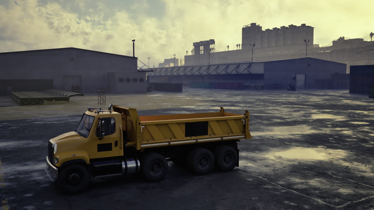 Yellow dump truck parked at industrial site during cloudy afternoon