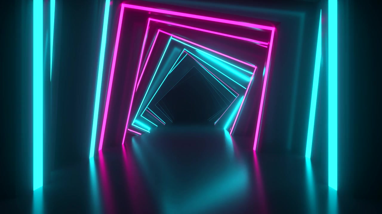 Tunnel quadrato astratto tecnologico al neon. Sfondo animato vorticoso senza fine. Luce al neon moderna. Linee al neon luminose scintillano e si muovono in avanti. Render 3D in loop continuo.