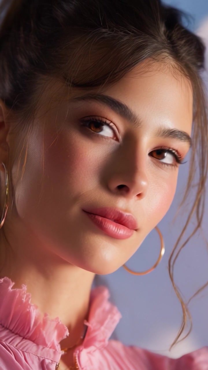 Ritratto ravvicinato glamour di una giovane donna con bellezza naturale e trucco delicato, che irradia sicurezza, fascino e stile in un ambiente dai colori pastello.