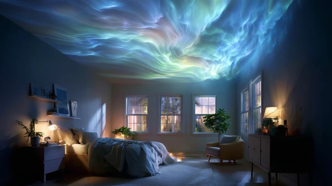 A Dreamy Bedroom Scene with a Mesmerizing Celestial Projection on the Ceiling Illuminating the Tranquil Space, Merging Comfort with Awe-Inspiring Nature