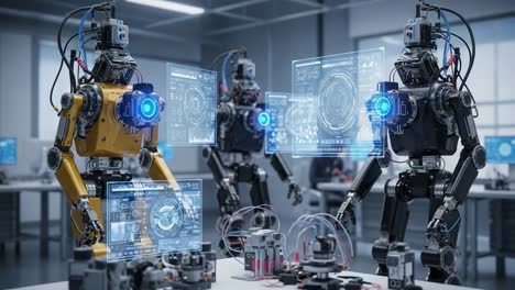 advanced robotic systems engage in data analysis and interaction in futuristic laboratory setup, showcasing cutting-edge technology and ai capabilities
