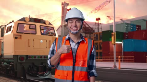 asian male engineer with safety helmet smiling and showing thumbs up gesture to the camera while standing with freight cargo train at port