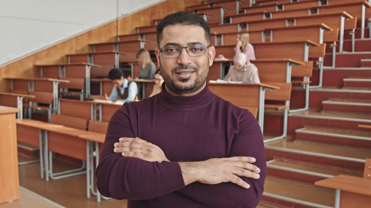 Portrait of Mixed-Race University Professor in Lecture Hall
