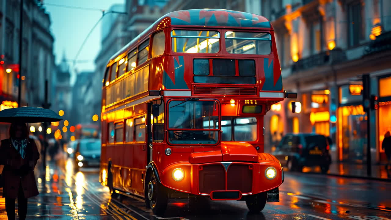 Red double-decker bus downtown. A bright red double-decker bus travels down a rainy urban street, surrounded by glowing storefronts at dusk