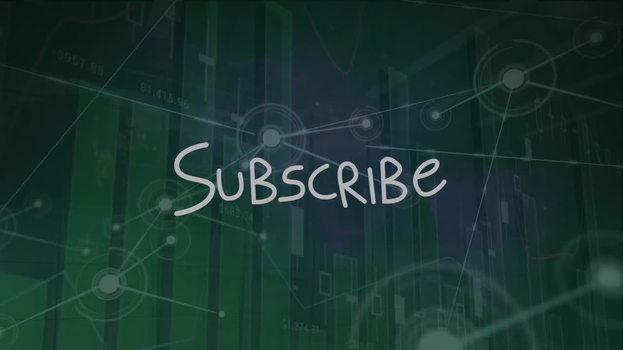 animación del texto de suscripción con puntos interconectados con líneas sobre gráfico de barras en el fondo.